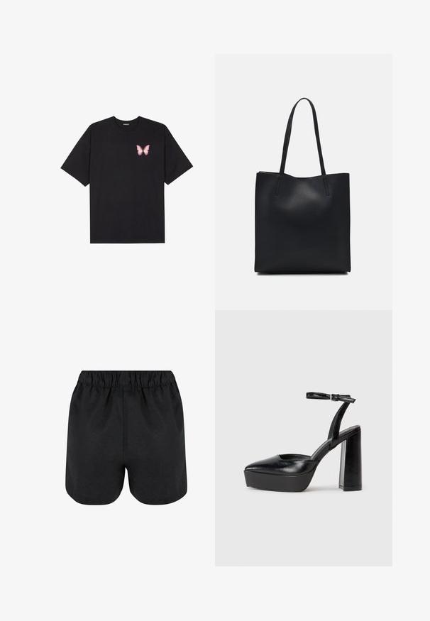 Svart bomullströja med korta ärmar, med en liten rosa fjärilsgrafik på vänster bröst. Rundad halsdesign med en avslappnad passform.; Svarta shorts med elastisk midja. Mjuk tygkvalitet, enkel design och något rundad nederkant. Inga synliga mönster eller logotyper.; Svarta plattformsskor med spetsig tå och justerbart vristband. Tillverkade av mjukt läder, med en kraftig blockklack.; Svart lädertoffelväska med slät textur, rektangulär form och två långa handtag. Ingen synlig hårdvara eller dekorationer.