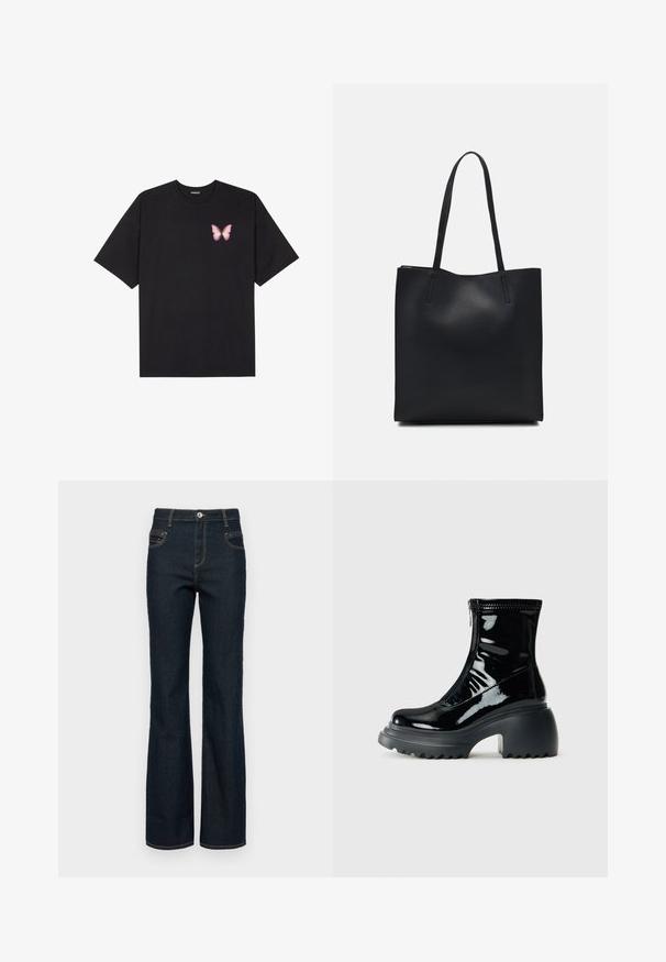 Black cotton t-shirt with short sleeves, featuring a small pink butterfly graphic on the left chest. Crew neck design with a relaxed fit.; Dark denim flared jeans with a high waist, featuring a button front, five pockets, and contrasting yellow stitching along the seams.; Glossy black platform ankle boot with rounded toe, chunky heel, zipper closure, and thick ridged sole against a white background.; Black leather tote bag with smooth texture, rectangular shape, and two long handles. No visible hardware or embellishments.