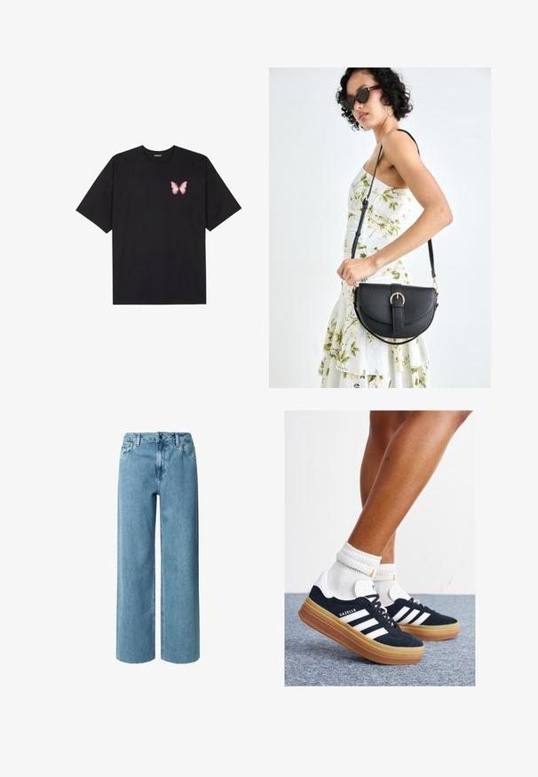 Must muströöpidega must puuvillane T-särk, vasakul rinnal on väike roosa liblikas. Ümar kaelus ja vabalt istuv lõige.; Sinine denimpüksid laiade jalgadega ja kõrge vöökoht, koos vöökohaga, lukuga ja rebenenud servadega. Kangas on pehme ja sile tekstuuriga.; Mustad seemisnahast tossud valgete triipude ja detailidega, ümarate varbassosadega, kummist välistallaga, paaritatud valgete soonikuliste meessokkidega.; Mustmust mustraha kõverate joontega, eemaldatava rihmaga ja kuldsete detailidega. Kotil on klapp, millel on pandladetail.