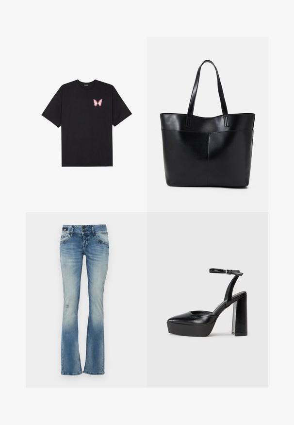 Černé bavlněné tričko s krátkým rukávem, na levém prsou s malou grafikou růžové motýlky. Design s kruhovým výstřihem a volným střihem.; Rozšířené modré džíny vyrobené z denimu s vybledlým vzhledem, s prošoupanými detaily, a dvěma předními kapsami s prošívanými akcenty.; Černé platformové podpatky s špičatou špičkou a nastavitelným kotníkovým popruhem. Vyrobeny z hladké kůže, s masivním blokovým podpatkem.; Černá kožená taška s dlouhými ušima, hladkým povrchem a strukturovaným tvarem. Obsahuje přední kapsu pro další úložný prostor.