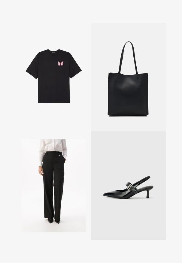 Svart bomullströja med korta ärmar, med en liten rosa fjärilsgrafik på vänster bröst. Rundad halsdesign med en avslappnad passform.; Svarta kostymbyxor med rak benform, prydda med sidoknappar och en slät yta. Kombineras med en vit skjorta med knappar och svarta klackar.; Svarta patentläder slingback-klackar med spetsig tå och en liten blockklack, med en silvrig spänneaccent på remmen.; Svart lädertoffelväska med slät textur, rektangulär form och två långa handtag. Ingen synlig hårdvara eller dekorationer.