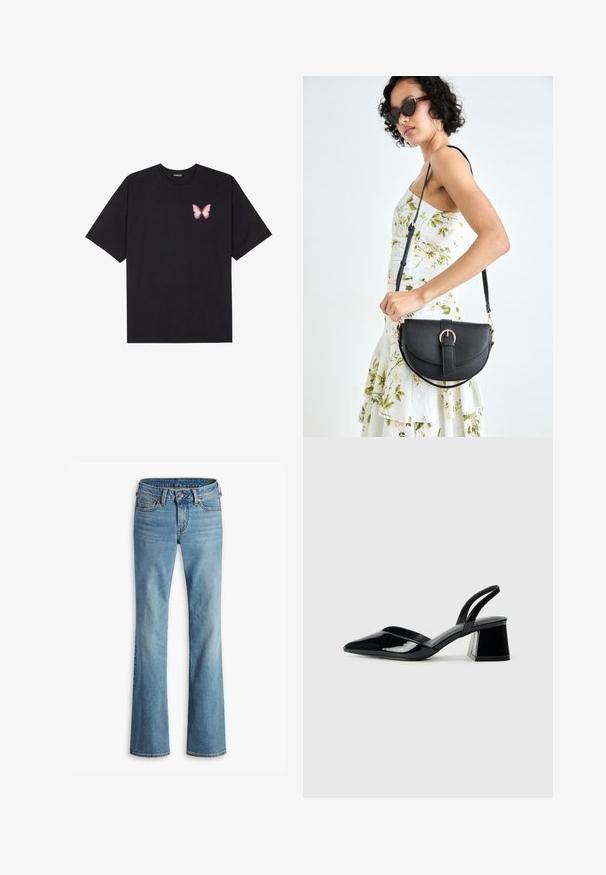 Black cotton t-shirt with short sleeves, featuring a small pink butterfly graphic on the left chest. Crew neck design with a relaxed fit.; Light blue denim jeans with a high waist, front button and zipper closure, five pockets, and slightly flared legs.; Black patent leather slingback heels with a pointed toe and a geometric block heel. Features a sleek, minimal design and smooth texture.; Black leather handbag with a curved shape, detachable strap, and gold hardware. The bag features a flap with a buckle detail.
