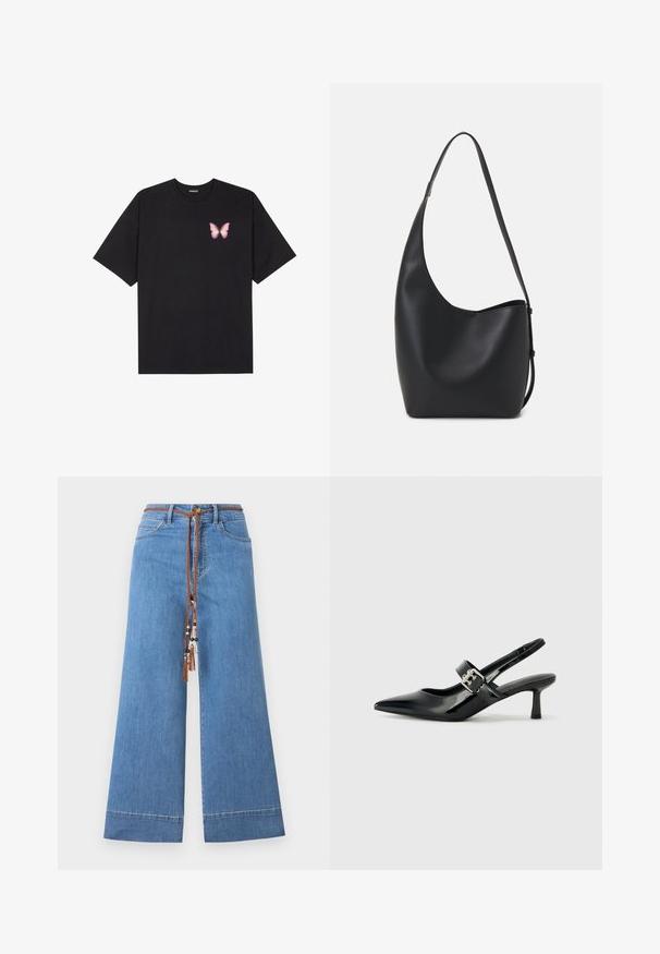 Juodas medvilnės marškinėliai trumpomis rankovėmis, su maža rožine drugelio grafika kairėje krūtinės pusėje. Apvalus kaklo iškirpimas, laisvas kirpimas.; Šviesiai mėlynos plačios džinsinės kelnės su nertomis rudos spalvos raišteliais juosmenyje, dekoruotos karoliukais ir tradicine penkių kišenių forma.; Juodai lakuoti slingback aukštakulniai su smailiu kojų pirštu ir mažais blokiniais kulniukais, su sidabro sagtimi ant dirželio.; Juodas odinis hobo maišas su lygiu paviršiumi, kreipta forma ir viena reguliuojama rankena; turi platų atidarymą viršuje.