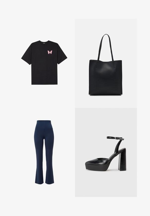 Černé bavlněné tričko s krátkým rukávem, na levém prsou s malou grafikou růžové motýlky. Design s kruhovým výstřihem a volným střihem.; Námořnické modré rozšiřující se yoga kalhoty s vysokým pasem, vyrobené z pružné, měkké tkaniny; hladký povrch bez viditelných vzorů nebo akcentů.; Černé platformové podpatky s špičatou špičkou a nastavitelným kotníkovým popruhem. Vyrobeny z hladké kůže, s masivním blokovým podpatkem.; Černá kožená taška přes rameno s hladkým povrchem, obdélníkovým tvarem a dvěma dlouhými uchy. Žádné viditelné kování ani ozdoby.