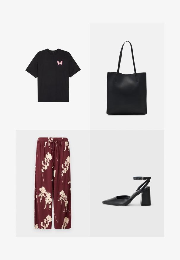 Fekete pamut póló rövid ujjakkal, bal mellkason egy kis rózsaszín pillangó grafikával. Kerek nyakú kialakítás, laza fazonnal.; Burgundivörös, bő szárú nadrág könnyű anyagból, krémszínű virágmintával, rugalmas derékpánttal és zsinórral, valamint két oldalzsebbel.; Fekete bőr, hegyes orrú magassarkú cipő boka pánttal és vastag sarokkal. Sima textúra, elegáns dizájn és minimális esztétika.; Fekete bőrtáska sima felszínnel, téglalap alakú, két hosszú füllel. Nincs látható fémkiegészítő vagy díszítés.