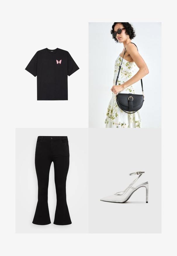 Juodas medvilnės marškinėliai trumpomis rankovėmis, su maža rožine drugelio grafika kairėje krūtinės pusėje. Apvalus kaklo iškirpimas, laisvas kirpimas.; Juodi platūs džinsai su prigludusia juosmens linija, standartiniu penkių kišenių dizainu ir lygiu džinsinio audinio tekstūru, turinčia švelnų elastingumą.; Aiškūs stiletto kulniukai su smailiu padu, skaidria medžiaga, metaliniais sidabriniais akcentais ir reguliuojama kulkšnies juosta.; Juodas odinis krepšys su išlenkta forma, nuimamu dirželiu ir auksiniais detalėmis. Krepšys turi kilpą su sagtimi.