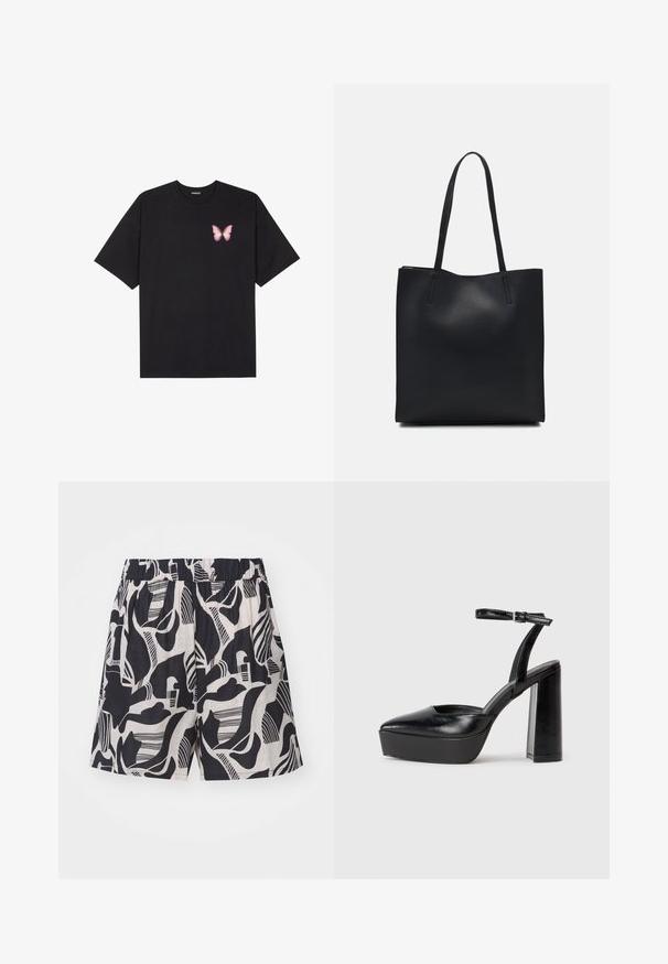 Melna kokvilnas T-krekls ar īsām piedurknēm, kuram priekšā kreisajā pusē ir neliels rozā tauriņa grafiskais attēls. Ar apaļu kaklu un brīvā stila piegriezumu.; Melnas un krēmkrāsas šortus ar abstraktiem rakstiem, ar elastīgu jostu un brīvu piegriezumu, izgatavoti no viegla auduma.; Melnas platformas papēžs ar norādītu purngala formu un regulējamu potītes siksniņu. Izgatavotas no gludas ādas, ar masīvu bloku papēdi.; Melnas ādas somiņa ar gludu tekstūru, taisnstūra formu un divām garām rokturiem. Nav redzamu aparatūras vai rotājumu.