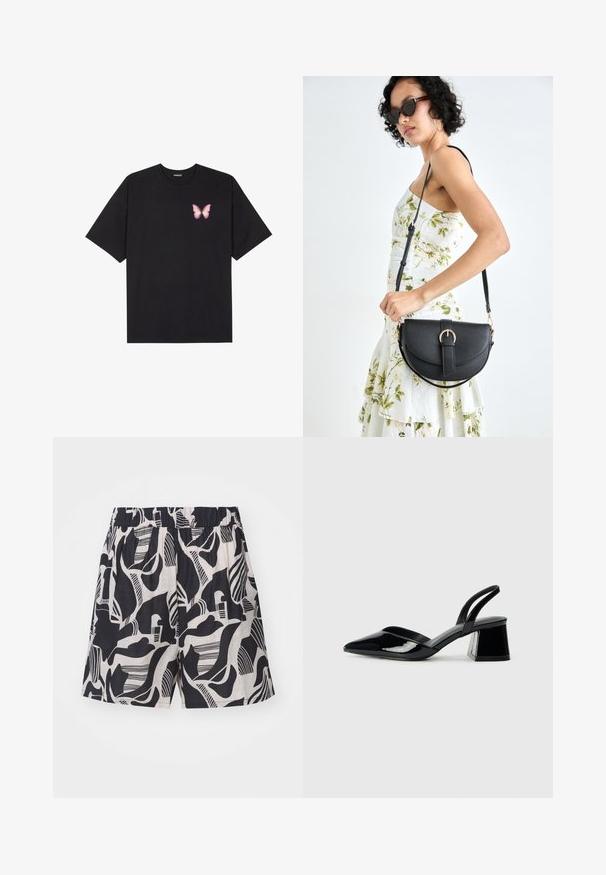 Black cotton t-shirt with short sleeves, featuring a small pink butterfly graphic on the left chest. Crew neck design with a relaxed fit.; Black and cream patterned shorts featuring abstract designs, an elastic waistband, and a loose fit, made from lightweight fabric.; Black patent leather slingback heels with a pointed toe and a geometric block heel. Features a sleek, minimal design and smooth texture.; Black leather handbag with a curved shape, detachable strap, and gold hardware. The bag features a flap with a buckle detail.