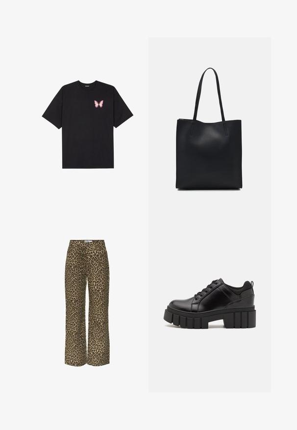 Tricou negru din bumbac cu mâneci scurte, având pe partea stângă a pieptului un mic grafic cu un fluture roz. Design cu guler rotund și croială lejeră.; Pantaloni largi cu imprimeu de leopard în nuanțe de bej și negru, cu închidere cu nasture, două buzunare frontale și talie medie. Textură de stofă moale.; Pantofi cu talpă plată din piele neagră, cu toc gros, vârf rotund și design tradițional cu șireturi. Prezintă o textură netedă și detalii minime.; Geantă tote neagră din piele, cu textură netedă, formă rectangulară și două mânere lungi. Fără hardware vizibil sau ornamente.