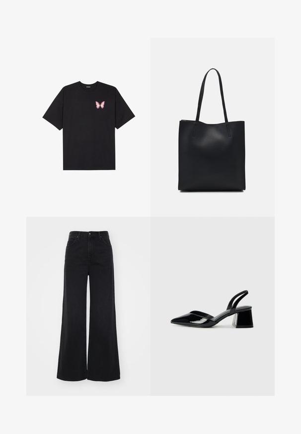 Black cotton t-shirt with short sleeves, featuring a small pink butterfly graphic on the left chest. Crew neck design with a relaxed fit.; High-waisted black wide-leg jeans with front and back pockets, belt loops, and button closure.; Black patent leather slingback heels with a pointed toe and a geometric block heel. Features a sleek, minimal design and smooth texture.; Black leather tote bag with smooth texture, rectangular shape, and two long handles. No visible hardware or embellishments.