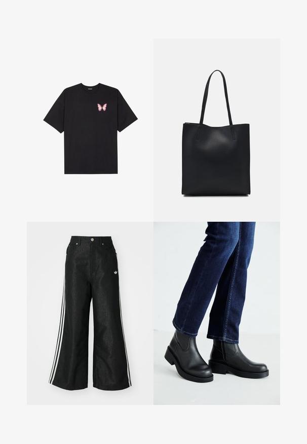 T-shirt de algodão preto com mangas curtas, apresentando um pequeno gráfico de borboleta rosa no lado esquerdo do peito. Design de gola redonda com um corte solto.; Calças de denim largas pretas com três riscas brancas em cada lado e um pequeno logótipo branco. Apresenta bolsos frontais e um fecho de botão.; Botas de tornozelo de couro preto com sola grossa e painéis elásticos laterais, combinadas com jeans azul escuro. O chão é de cor clara.; Bolsa tote preta em couro com textura lisa, forma retangular e duas alças longas. Sem hardware ou enfeites visíveis.