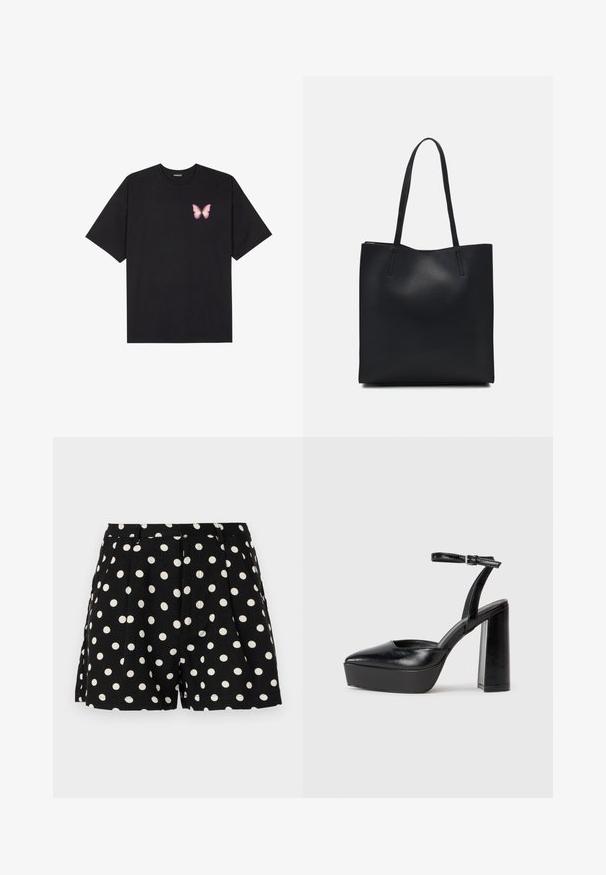 Svart bomulls T-skjorte med korte ermer, med en liten rosa sommerfugl grafikk på venstre bryst. Crew-neck design med en avslappet passform.; Svarte shorts med hvite prikker, med plegninger foran og sidelommer. Laget av et lett stoff.; Sorte plattformhelter med spiss tå og justerbar ankelrem. Laget av glatt lær, med en robust blokkhel.; Svart lær tote bag med glatt tekstur, rektangulær form og to lange håndtak. Ingen synlige deler eller dekorasjoner.