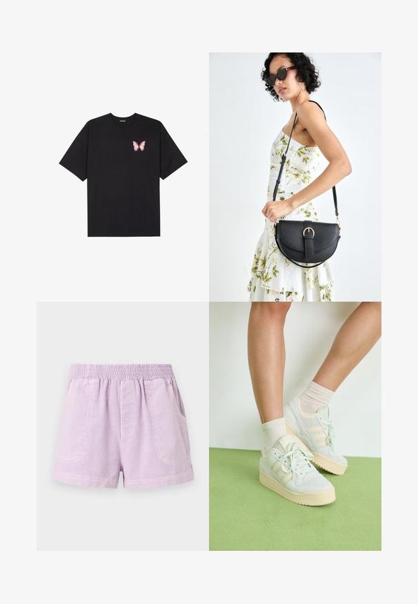 Zwarte katoenen t-shirt met korte mouwen, voorzien van een kleine roze vlinder graphic op de linkerkant van de borst. Crew neck ontwerp met een relaxte fit.; Lila shorts gemaakt van lichtgewicht stof met een elastische tailleband, voorzien van twee voorzakken en een losse pasvorm.; Lichtgroene sneakers met een gestructureerd oppervlak, voorzien van drie witte strepen, een crèmekleurige rubberen zool en een vetersluiting. Draagt met lichte sokken.; Zwarte leren handtas met een gebogen vorm, afneembare schouderband en gouden hardware. De tas heeft een klep met een gespsluiting.