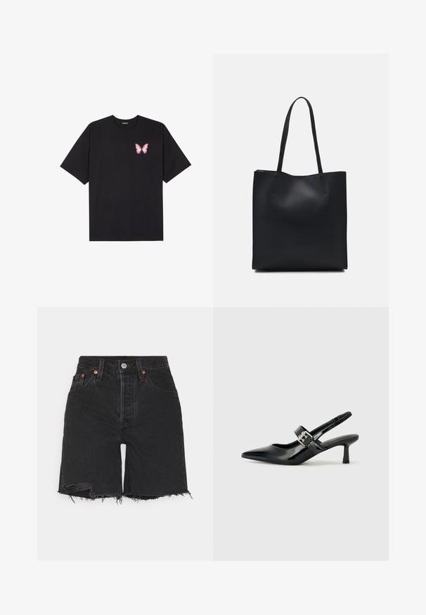 Musta puuvillapaita lyhyillä hihoilla, jossa on pieni vaaleanpunainen perhosgrafiikka vasemmassa rinnassa. Pyöreä kaula-aukko ja rento istuvuus.; Mustat farkkushortsit, joissa on korkea vyötärö, paljas reuna ja kulutetut yksityiskohdat. Sisältää viisi taskua ja metallinappikiinnityksen.; Musta patenttinaahkakengät, joissa on osoittava kärki ja pieni lohko korko, varustettuna hopeisella soljella hihnassa.; Mustapahkainen kangaskassi, jossa on sileä pinta, suorakaiteen muotoinen ja kaksi pitkää kahvaa. Ei näkyvää metalliosaa tai koristeita.