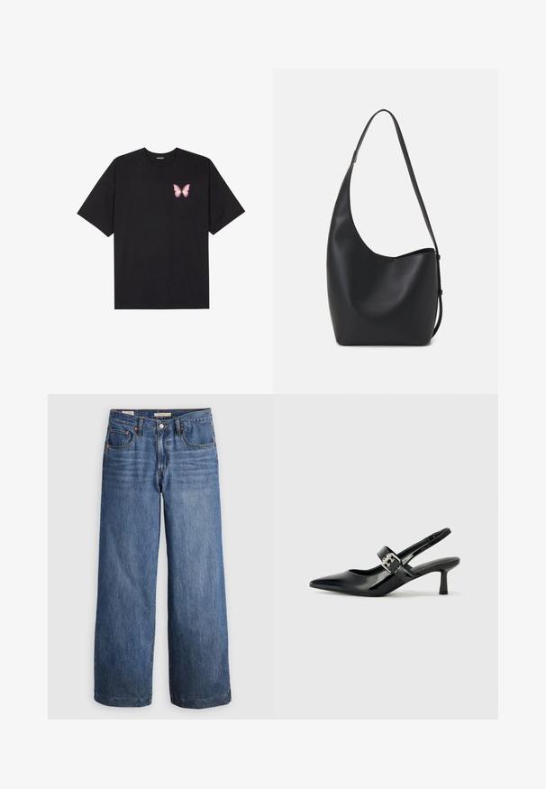 Tricou negru din bumbac cu mâneci scurte, având pe partea stângă a pieptului un mic grafic cu un fluture roz. Design cu guler rotund și croială lejeră.; Jeans cu picioare wide din denim albastru, cu talie înaltă, cinci buzunare și cusături portocalii contrastante. Textură netedă, fără broderii.; Sandale cu toc din piele patent neagră, cu vârful ascuțit și un toc mic bloc, având un accent cu cataramă argintie pe curea.; Geantă hobo din piele neagră, cu o textură netedă, formă curbată și un singur bretele ajustabil; are o deschidere largă în partea de sus.
