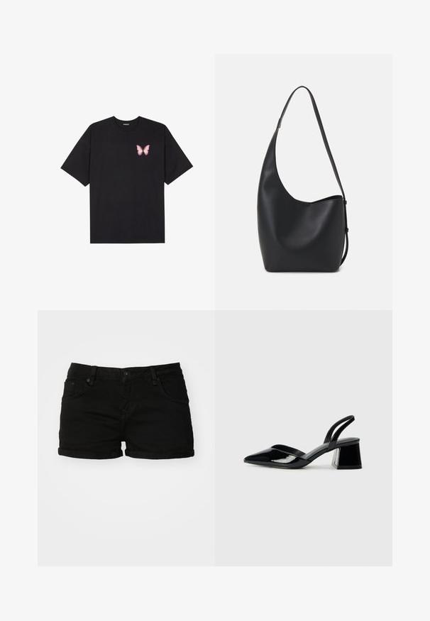 Melna kokvilnas T-krekls ar īsām piedurknēm, kuram priekšā kreisajā pusē ir neliels rozā tauriņa grafiskais attēls. Ar apaļu kaklu un brīvā stila piegriezumu.; Melni deniša šorti ar rullētu apmalīti, piecu kabatu dizains un metāla pogas aizdare. Gluda tekstūra un klasiskā piegriezuma.; Melna lakota āda ar atvērto papēdi, ar smailu purngalu un ģeometrisku blokpapēdi. Iezīmējas elegants, minimāls dizains un gluda tekstūra.; Melnas ādas hobo soma ar gludu tekstūru, izliekta forma un vienu regulējamu jostu; augšā ir plaša atvere.