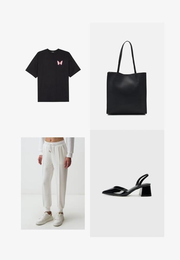 Zwarte katoenen t-shirt met korte mouwen, voorzien van een kleine roze vlinder graphic op de linkerkant van de borst. Crew neck ontwerp met een relaxte fit.; Witte sweatpants met een elastische tailleband, trekkoorddetails, zijzakken en taps toelopende enkels, gecombineerd met witte sneakers.; Zwarte gepatineerde leren slingback hakken met een spitse neus en een geometrische blokhak. Kenmerkt zich door een slank, minimalistisch ontwerp en een gladde textuur.; Zwarte leren handtas met een gladde textuur, rechthoekige vorm en twee lange handvaten. Geen zichtbare hardware of versieringen.