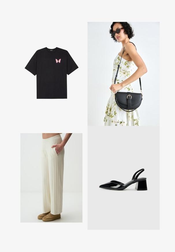 Black cotton t-shirt with short sleeves, featuring a small pink butterfly graphic on the left chest. Crew neck design with a relaxed fit.; Cream-colored wide-leg trousers with vertical ribbed texture, featuring side pockets and an elastic waistband. Paired with tan sneakers.; Black patent leather slingback heels with a pointed toe and a geometric block heel. Features a sleek, minimal design and smooth texture.; Black leather handbag with a curved shape, detachable strap, and gold hardware. The bag features a flap with a buckle detail.