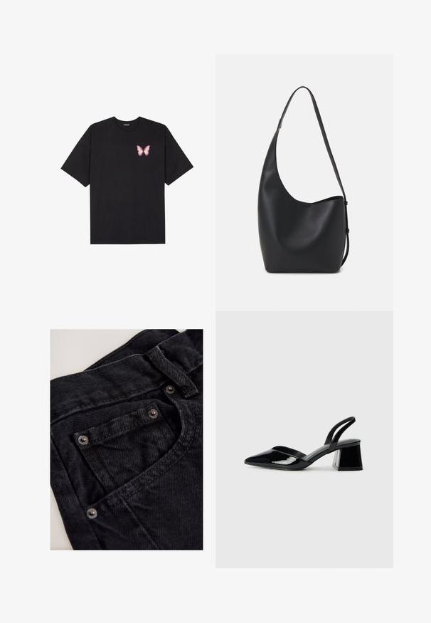 Schwarzes Baumwoll-T-Shirt mit kurzen Ärmeln, das ein kleines pinkes Schmetterlingsmotiv auf der linken Brust zeigt. Crewneck-Design mit einem entspannten Schnitt.; Schwarze Denim-Hose mit hohem Bund, ausgestattet mit einer kleinen Vordertasche, metallenen Beschlägen und einer strukturierten Stoffoberfläche.; Schwarze Lackleder-Slingback-High Heels mit spitzem Schuh und einem geometrischen Blockabsatz. Verfügt über ein schlankes, minimalistisches Design und eine glatte Textur.; Schwarze Leder-Hobo-Tasche mit einer glatten Textur, geschwungener Form und einem einzelnen verstellbaren Tragegurt; verfügt über eine weite Öffnung am oberen Ende.