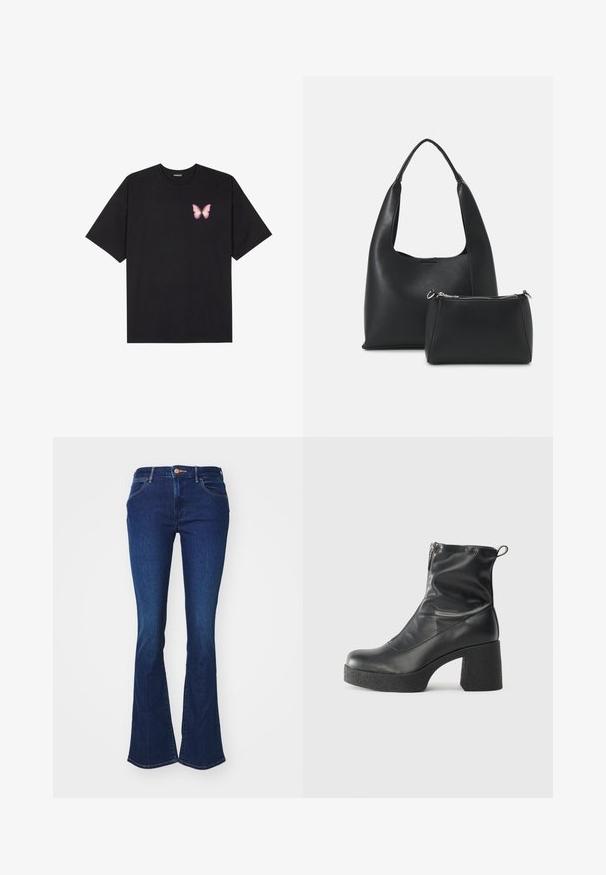 Fekete pamut póló rövid ujjakkal, bal mellkason egy kis rózsaszín pillangó grafikával. Kerek nyakú kialakítás, laza fazonnal.; Sötétkék farmer, harangszárú nadrág, szabott derékkal, gombos záródással és enyhe kopással. Kontrasztos varrás látható az illesztéseknél.; Fekete bokacsizmák sima bőrből, oldalsó cipzárral, vastag, texturált sarkú és lekerekített orrú dizájnnal.; Even&Odd Kézitáska - black