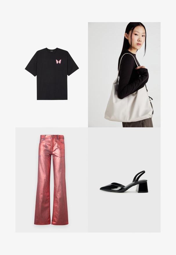 Juodas medvilnės marškinėliai trumpomis rankovėmis, su maža rožine drugelio grafika kairėje krūtinės pusėje. Apvalus kaklo iškirpimas, laisvas kirpimas.; Raudoni metalizuoti plačiakojai džinsai, blizgiu paviršiumi, penkių kišenių dizainu ir siuvinėjimo akcentais. Su knopke ir užtrauktuku.; Juodos lakuotos odinės šlepetės su smailiu pirštu ir geometriniu bloko kulnu. Turi elegantišką, minimalistinį dizainą ir lygų paviršių.; Bežinė rankinė, pagaminta iš minkštos medžiagos, turinti laisvą dizainą, siuvinėtas detalės ir dvi petnešos. Tinkama kasdieniam naudojimui.