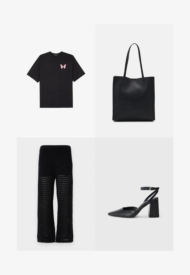 Zwarte katoenen t-shirt met korte mouwen, voorzien van een kleine roze vlinder graphic op de linkerkant van de borst. Crew neck ontwerp met een relaxte fit.; Zwarte gebreide broek met een gestructureerd, open gaasontwerp en wijde pijpen. De tailleband is elastisch voor comfort en gemakkelijke draagbaarheid.; Zwarte leren puntige pump met een enkelbandje en een chunky hak. Vlakke textuur, strakke vormgeving en minimalistische esthetiek.; Zwarte leren handtas met een gladde textuur, rechthoekige vorm en twee lange handvaten. Geen zichtbare hardware of versieringen.