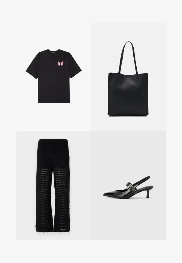 Musta puuvillapaita lyhyillä hihoilla, jossa on pieni vaaleanpunainen perhosgrafiikka vasemmassa rinnassa. Pyöreä kaula-aukko ja rento istuvuus.; Musta neulehousut, joissa on teksturoitu, avoin verkkomuotoilu ja leveät lahkeet. Vyötäröosa on joustava, mikä lisää mukavuutta ja käyttömukavuutta.; Musta patenttinaahkakengät, joissa on osoittava kärki ja pieni lohko korko, varustettuna hopeisella soljella hihnassa.; Mustapahkainen kangaskassi, jossa on sileä pinta, suorakaiteen muotoinen ja kaksi pitkää kahvaa. Ei näkyvää metalliosaa tai koristeita.