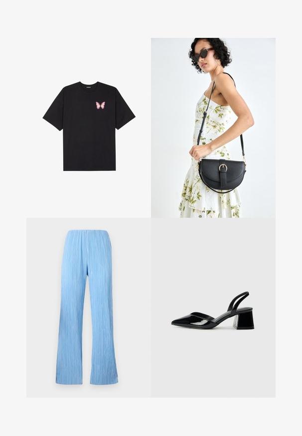 Tricou negru din bumbac cu mâneci scurte, având pe partea stângă a pieptului un mic grafic cu un fluture roz. Design cu guler rotund și croială lejeră.; Pantaloni plisati de culoare albastru deschis, cu un design cu picioare larghi, avand dungi verticale si o talie elasticizata pentru confort. Material fin si usor.; Pantofi cu toc slingback din piele lacuită neagră, cu vârf ascuțit și toc geometric. Prezintă un design elegant, minimalist și o textură netedă.; Geantă din piele neagră, cu o formă curbată, curea detașabilă și accesorii aurii. Geanta are un capac cu un detaliu tip cataramă.