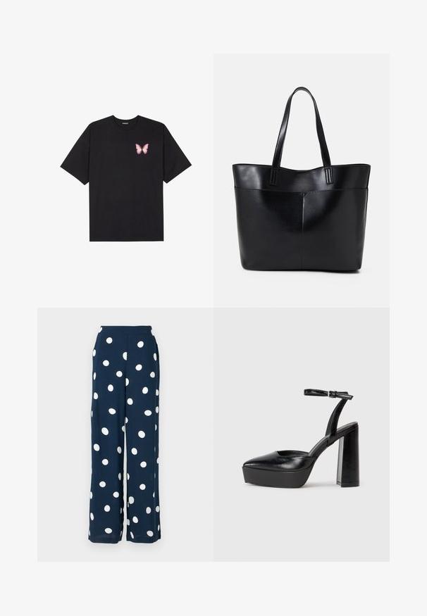 Black cotton t-shirt with short sleeves, featuring a small pink butterfly graphic on the left chest. Crew neck design with a relaxed fit.; Navy wide-leg pants made of lightweight fabric, featuring large white polka dots, a smooth waistband, and a relaxed fit.; Black platform heels with a pointed toe and adjustable ankle strap. Constructed from smooth leather, featuring a chunky block heel.; Black leather tote bag with two long handles, a smooth texture, and a structured shape. Features a front pocket for additional storage.