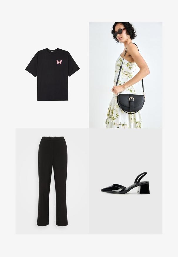 Svart bomullströja med korta ärmar, med en liten rosa fjärilsgrafik på vänster bröst. Rundad halsdesign med en avslappnad passform.; Svarta, släta tygbyxor med rak ben-design och elastisk midja. Har en subtil söm längs framsidan av varje ben.; Svarta lackläder slingback klackar med spetsig tå och geometrisk klack. Har en elegant, minimalistisk design och slät yta.; Svart läderhandväska med en böjd form, avtagbar rem och guldiga detaljer. Väskan har ett lock med en spänndetalj.