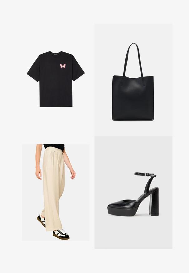 Must muströöpidega must puuvillane T-särk, vasakul rinnal on väike roosa liblikas. Ümar kaelus ja vabalt istuv lõige.; Soe beežid laiad püksid, mis on valmistatud pehmest kangast, omades mugavat lõiget, esiseid voldikuid ja elastset vööd. Stiliseeritud mustade ja valgete tossudega.; Mustad platvormi kontsad terava ninaga ja reguleeritava pahkluuraamiga. Valmistatud siledast nahast, funktsioneerib massiivse plokknäheeliga.; Mustast nahast kott sujuva tekstuuriga, ristkülikukujuline ja kahe pika sangaga. Pole nähtavat riistvara ega kaunistusi.