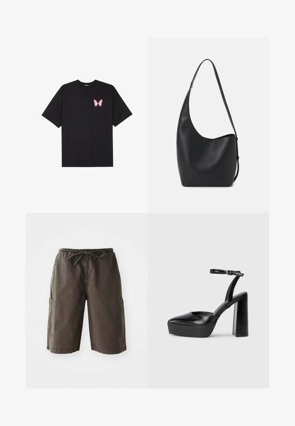 T-shirt en coton noir à manches courtes, avec un petit graphique de papillon rose sur la poitrine gauche. Modèle à col rond avec une coupe décontractée.; Shorts cargo en tissu gris foncé, dotés d'une taille élastique avec cordon de serrage, de poches latérales et d'une coupe décontractée. Matériau durable.; Escarpins noirs à plateforme avec un bout pointu et une sangle réglable à la cheville. Conçus en cuir lisse, avec un large talon bloc.; Sac hobo en cuir noir avec une texture lisse, une forme incurvée et une seule sangle réglable ; dispose d'une large ouverture en haut.