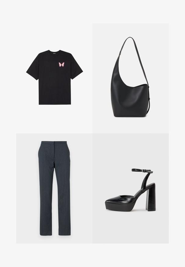 Tricou negru din bumbac cu mâneci scurte, având pe partea stângă a pieptului un mic grafic cu un fluture roz. Design cu guler rotund și croială lejeră.; Pantaloni de culoare bleu închis, cu dungi verticale, design adaptat, textură netedă, picioare drepte și talie standard.; Pantofi cu toc platformă negri, cu vârful ascuțit și curea reglabilă la gleznă. Confecționați din piele netedă, având un toc gros.; Geantă hobo din piele neagră, cu o textură netedă, formă curbată și un singur bretele ajustabil; are o deschidere largă în partea de sus.