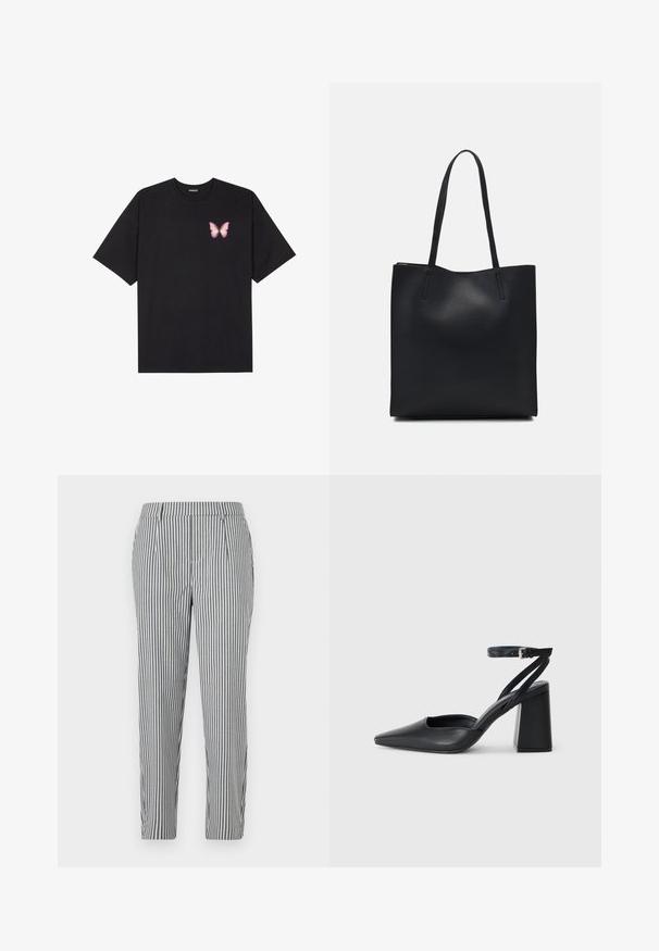 Schwarzes Baumwoll-T-Shirt mit kurzen Ärmeln, das ein kleines pinkes Schmetterlingsmotiv auf der linken Brust zeigt. Crewneck-Design mit einem entspannten Schnitt.; Gestrickte Hose in Grau und Weiß, mit eleganter Passform, Falten und einem glatten Stofffinish. Keine sichtbaren Taschen oder Verzierungen.; Schwarze Leder-Pumps mit spitzer Zehe, einem Knöchelriemen und einem blockigen Absatz. Flache Textur, elegantes Design und minimalistische Ästhetik.; Schwarze Laptoptasche aus Leder mit glatter Textur, rechteckiger Form und zwei langen Griffen. Keine sichtbaren Beschläge oder Verzierungen.