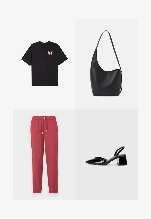 Black cotton t-shirt with short sleeves, featuring a small pink butterfly graphic on the left chest. Crew neck design with a relaxed fit.; Red, lightweight, tapered pants with an elastic waistband and drawstring. Features ankle cuffs and a smooth texture.; Black patent leather slingback heels with a pointed toe and a geometric block heel. Features a sleek, minimal design and smooth texture.; Black leather hobo bag with a smooth texture, curved shape, and single adjustable strap; features a wide opening at the top.