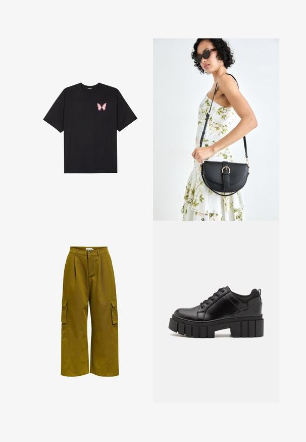 Camiseta de algodón negra de manga corta, con un pequeño gráfico de mariposa rosa en el lado izquierdo del pecho. Diseño de cuello redondo con un corte relajado.; Pantalones cargo en verde oliva, con piernas anchas, pliegues y bolsillos laterales. Confeccionados con un tejido suave y resistente.; Zapatos de plataforma de cuero negro con un tacón cuadrado grueso, punta redonda y diseño tradicional de cordones. Presenta una textura suave y un detalle minimalista.; Bolso de piel negra con forma curva, correa desmontable y herrajes dorados. El bolso cuenta con una solapa con un detalle de hebilla.