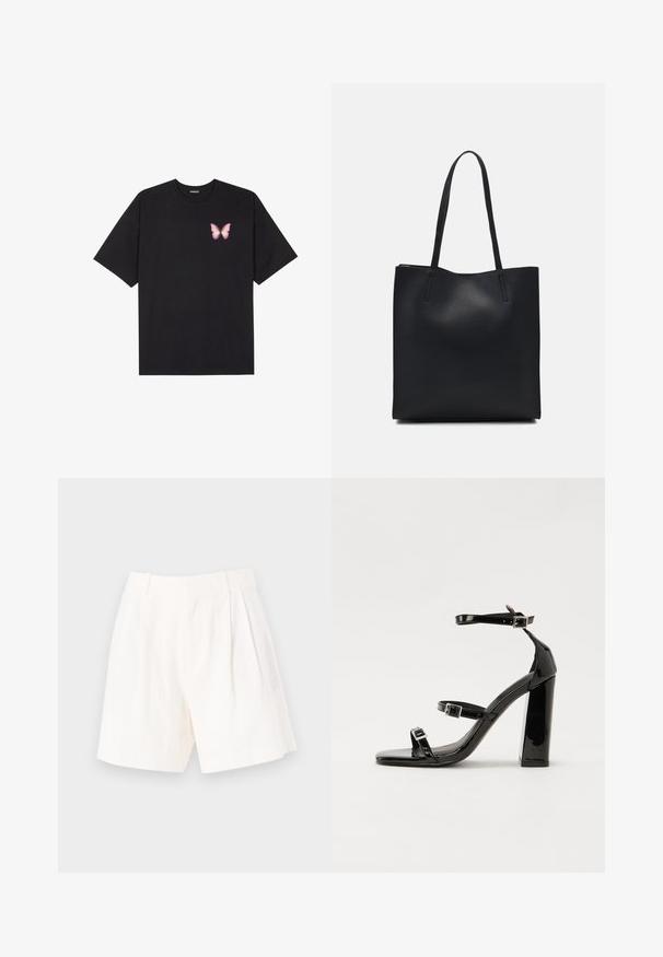 Black cotton t-shirt with short sleeves, featuring a small pink butterfly graphic on the left chest. Crew neck design with a relaxed fit.; White linen shorts with a tailored fit, featuring pleat details, a smooth texture, and a clean, straight hemline.; Black patent heeled sandals with a square toe, ankle straps, and silver buckles. Features a chunky block heel for stability.; Black leather tote bag with smooth texture, rectangular shape, and two long handles. No visible hardware or embellishments.