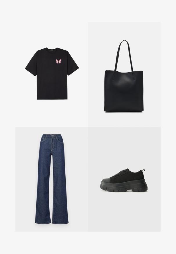 Fekete pamut póló rövid ujjakkal, bal mellkason egy kis rózsaszín pillangó grafikával. Kerek nyakú kialakítás, laza fazonnal.; Sötétkék, széles szárú farmernadrág, magas derékkal, elülső zsebekkel, látható varrással és letisztult szegéllyel.; Fekete sportcipők vastag gumitalppal, texturált szövet felsőrésszel, kerek orral és fűzős kialakítással. Megerősített fűzőlyukakkal és hátsó húzófüllel rendelkezik.; Fekete bőrtáska sima felszínnel, téglalap alakú, két hosszú füllel. Nincs látható fémkiegészítő vagy díszítés.