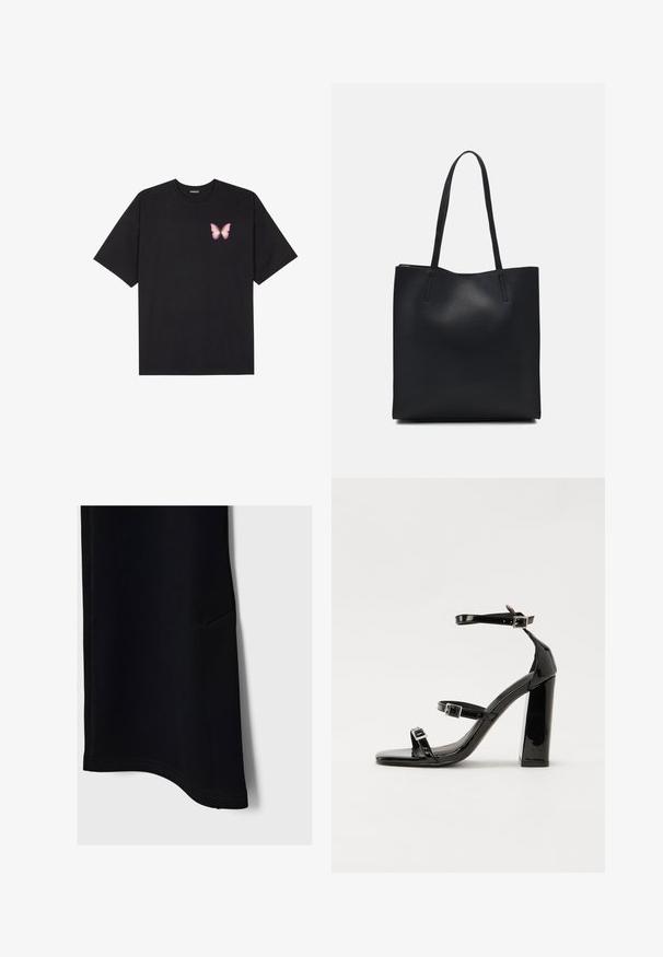 Černé bavlněné tričko s krátkým rukávem, na levém prsou s malou grafikou růžové motýlky. Design s kruhovým výstřihem a volným střihem.; Černé sportovní kalhoty s hladkou texturou, zakřiveným lemem, boční kapsou a kontrastním šitím, navržené pro pohodlí a pohyblivost.; Černé lakované sandály na podpatku se čtveratou špičkou, lýtkovými pásky a stříbrnými přezkami. Disponují masivním blokovým podpatkem pro stabilitu.; Černá kožená taška přes rameno s hladkým povrchem, obdélníkovým tvarem a dvěma dlouhými uchy. Žádné viditelné kování ani ozdoby.