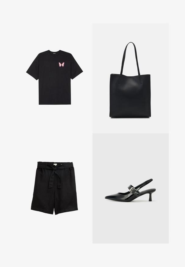 T-shirt en coton noir à manches courtes, avec un petit graphique de papillon rose sur la poitrine gauche. Modèle à col rond avec une coupe décontractée.; Shorts en lin noir avec une coupe décontractée, dotés d'une taille élastique et d'une ceinture à nouer amovible. Texture lisse, sans motifs ni accents.; Escarpins slingback en cuir verni noir avec un bout pointu et un petit talon bloc, mettant en avant un accent en boucle argentée sur la sangle.; Sac fourre-tout en cuir noir avec une texture lisse, de forme rectangulaire et deux longues poignées. Pas de matériel ou d'ornementations visibles.