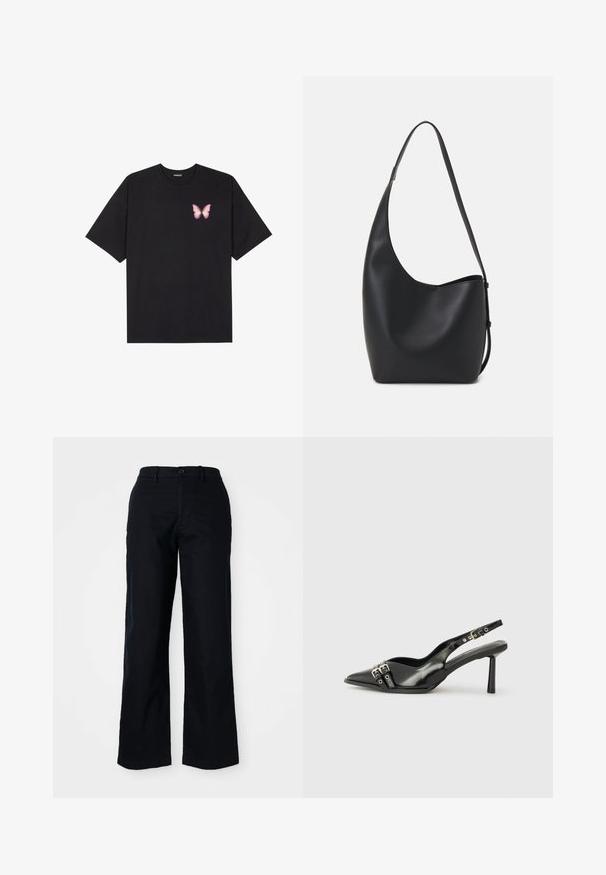 Tricou negru din bumbac cu mâneci scurte, având pe partea stângă a pieptului un mic grafic cu un fluture roz. Design cu guler rotund și croială lejeră.; Pantaloni negri cu picioare largi, confecționați din bumbac. Prezintă închidere frontală cu nasture, bucle pentru curea și o textură fină. Fără modele sau accente vizibile.; Pantofii slingback din piele lăcuită neagră, cu vârf ascuțit, bretele pentru gleznă cu catarame și accesorii din argint, și un toc subțire.; Geantă hobo din piele neagră, cu o textură netedă, formă curbată și un singur bretele ajustabil; are o deschidere largă în partea de sus.