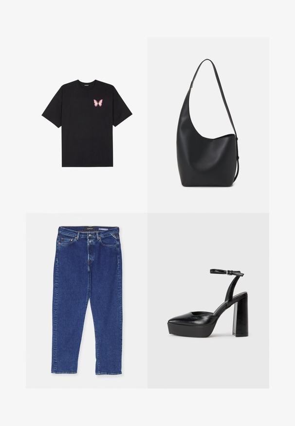 Fekete pamut póló rövid ujjakkal, bal mellkason egy kis rózsaszín pillangó grafikával. Kerek nyakú kialakítás, laza fazonnal.; Sötétkék farmernadrág egyenes szabással, gombos cipzárral, öt zsebbel és finom varrási részletekkel a varratok mentén.; Fekete platform magassarkú cipők hegyes orral és állítható bokapánttal. Sima bőrből készült, vastag talppal.; Fekete bőr hobo táska sima textúrával, ívelt formával és egyetlen állítható pánttal; széles nyílás található a tetején.