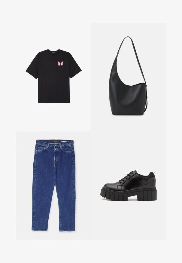 Must muströöpidega must puuvillane T-särk, vasakul rinnal on väike roosa liblikas. Ümar kaelus ja vabalt istuv lõige.; Tumed sinised denim teksad sirge lõikega, varustatud nööbiväega, viie tasku ja peente tikanditega õmbluste ääres.; Must musta platvormsussid paksu plokkninal, ümmarguse varbaga ja traditsioonilise nööridega kinnitamisega. Sussid on sileda tekstuuriga ja minimaalsete detailidega.; Mustast nahast hobo kott, millel on sile tekstuur, kumer kuju ja üks reguleeritav rihm; peal on lai avaus.