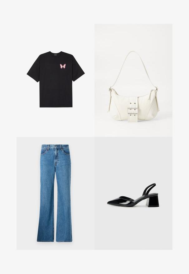 Melna kokvilnas T-krekls ar īsām piedurknēm, kuram priekšā kreisajā pusē ir neliels rozā tauriņa grafiskais attēls. Ar apaļu kaklu un brīvā stila piegriezumu.; Gaiši zili džinsu flared bikses ar augstu jostas vietu, priekšējām kabatām un klasisku šuvumu. Audumam ir struktūrēta virsma.; Melna lakota āda ar atvērto papēdi, ar smailu purngalu un ģeometrisku blokpapēdi. Iezīmējas elegants, minimāls dizains un gluda tekstūra.; Balts plecu soma ar teksturētu apdari, centrālu sprādzi un izliekta forma. Ražota ar rāvējslēdzēja aizdares abās pusēs.