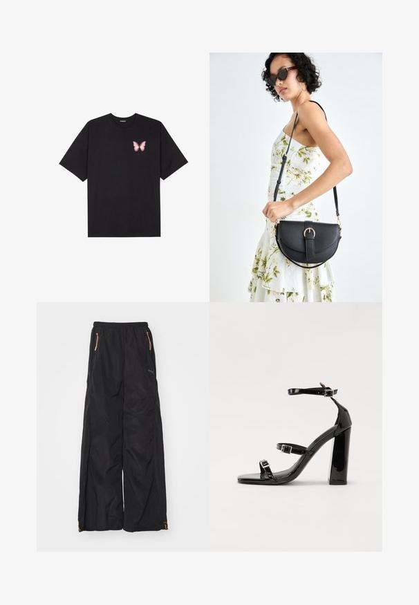 Črna bombažna majica s kratkimi rokavi, ki ima majhen roza metuljček na levi strani prsnega dela. Majica s krožnim ovratnikom in sproščenim krojem.; Črne široke hlače iz lahkega materiala z elastiko v pasu, dvema žepoma z zadrgo in oranžnimi kovinskimi dodatki.; Črne lakirane sandale s peto, kvadratnim prstom, trakovi okrog gležnja in srebrnimi zaponkami. Opremljene so s stabilno Debelo peto.; Črna usnjena torbica s ukrivljeno obliko, z odstranljivo naramnico in zlatimi dodatki. Torbica ima pokrov s podrobnostmi v obliki zaponke.