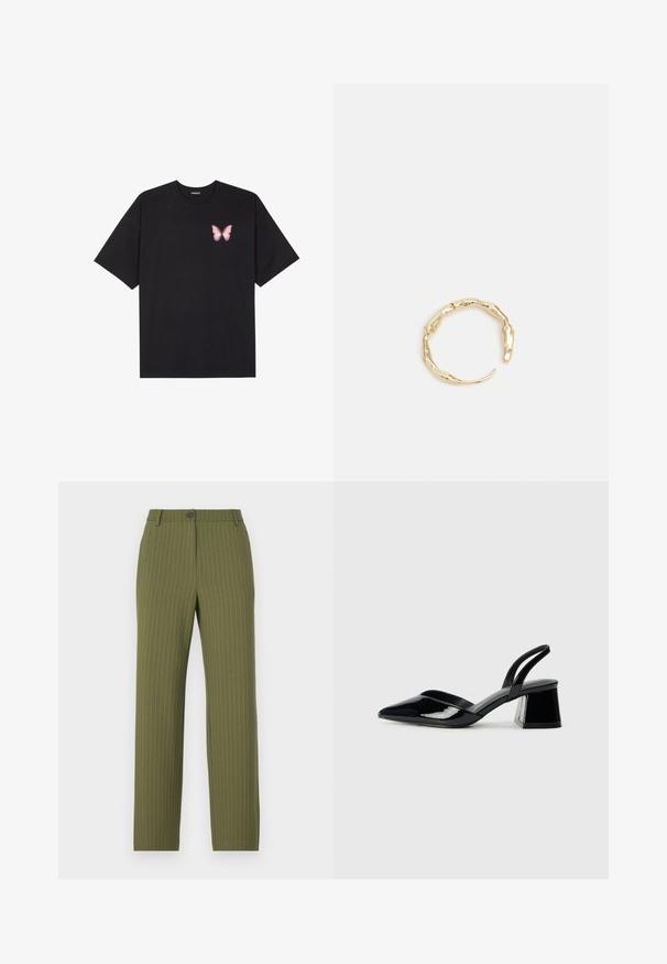 Crna pamučna majica s kratkim rukavima, s malim grafičkim prikazom ružičaste vjetricaste s desne strane na prsima. Dizajn s okruglim izrezom i opuštenim krojem.; Maslinasto zelene hlače s vertikalnim bijelim prugama, s kopčanjem na dugme, petljama za pojas i ravnim krojem. Glatka tekstura tkanine.; Crne lakirane kožne sandale s otvorenom petom i špicastim vrhom, s geometrijskom blok petom. Imaju elegantan, minimalistički dizajn i glatku teksturu.; Prsten u zlatnoj nijansi s organskim, uvijenim dizajnom, glatkom teksturom i suženim krajevima, koji stvara moderan, skulpturalni izgled.