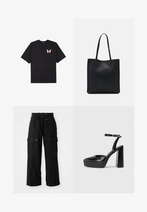 T-shirt de algodão preto com mangas curtas, apresentando um pequeno gráfico de borboleta rosa no lado esquerdo do peito. Design de gola redonda com um corte solto.; Calças cargo largas pretas com cintura elástica, cordão, bolsos laterais e traseiros, e detalhes em botão. Feitas de um tecido leve.; Saltos altos pretos com bico fino e atilho ajustável no tornozelo. Confeccionados em couro suave, apresentam um salto bloco robusto.; Bolsa tote preta em couro com textura lisa, forma retangular e duas alças longas. Sem hardware ou enfeites visíveis.
