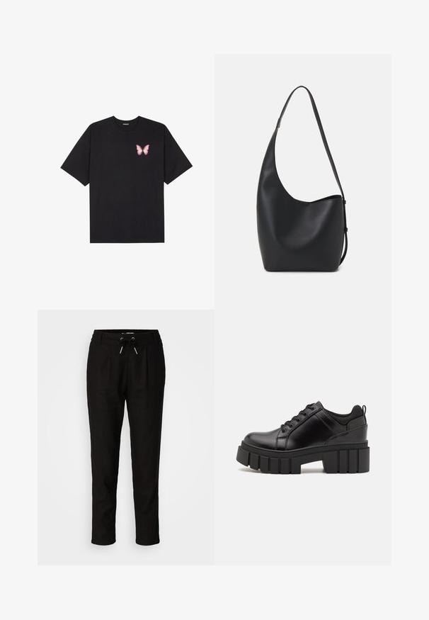 Crna pamučna majica s kratkim rukavima, s malim grafičkim prikazom ružičaste vjetricaste s desne strane na prsima. Dizajn s okruglim izrezom i opuštenim krojem.; Crne tapered hlače od laganog materijala. Imaju elastičnu traku u struku s vezicom, bočne nabore i manžete na gležnjevima.; Crne kožne platforme s debelim blok-peta, okruglim prstima i klasičnim dizajnom vezanja. Imaju gladak tekstur i minimalne detalje.; Crna kožna hobo torba s glatkom teksturom, zakrivljenim oblikom i jednom podesivom trakicom; ima širok otvor na vrhu.