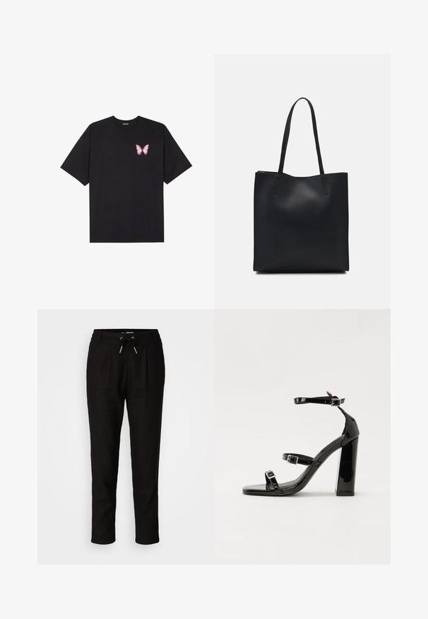 T-shirt en coton noir à manches courtes, avec un petit graphique de papillon rose sur la poitrine gauche. Modèle à col rond avec une coupe décontractée.; Pantalons noirs fuselés en tissu léger. Dotés d'une taille élastique avec cordon de serrage, de plis latéraux et de chevilles côtelées.; Sandales à talons vernies noires avec un bout carré, des sangles autour de la cheville et des boucles en argent. Dotées d'un talon bloc épais pour plus de stabilité.; Sac fourre-tout en cuir noir avec une texture lisse, de forme rectangulaire et deux longues poignées. Pas de matériel ou d'ornementations visibles.