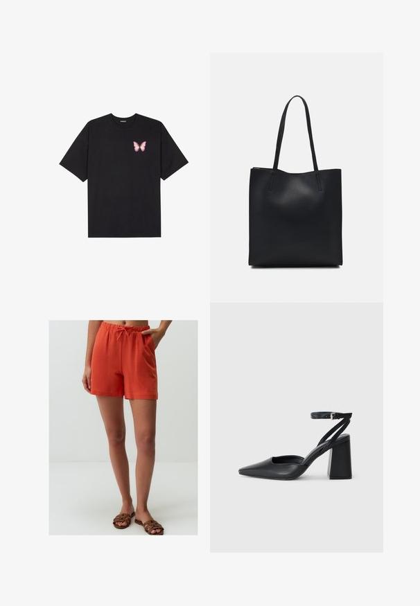 T-shirt en coton noir à manches courtes, avec un petit graphique de papillon rose sur la poitrine gauche. Modèle à col rond avec une coupe décontractée.; Jimmy Key WITH TIE WAIST - Pantalon de survêtement - orange; Escarpin noir en cuir à bout pointu avec une bride de cheville et un talon épais. Texture lisse, design élégant et esthétique minimaliste.; Sac fourre-tout en cuir noir avec une texture lisse, de forme rectangulaire et deux longues poignées. Pas de matériel ou d'ornementations visibles.